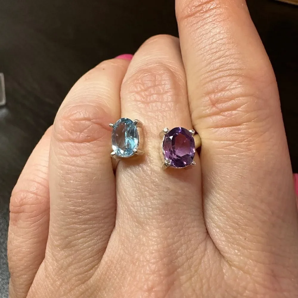 Genuine 1.5ct each of blue topaz and‎ amethyst, set in .925 ring!